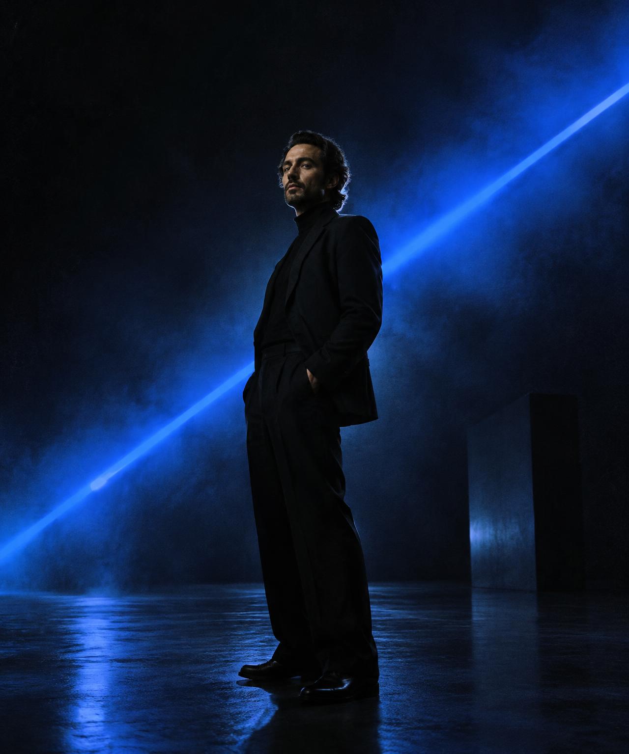 Creative director in a dark studio lit by an electric blue light beam